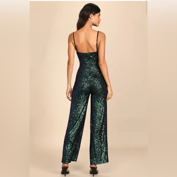 NWT Lulu’s Green Iridescent Sequin Wide-Leg Jumpsuit - Picture 2 of 15